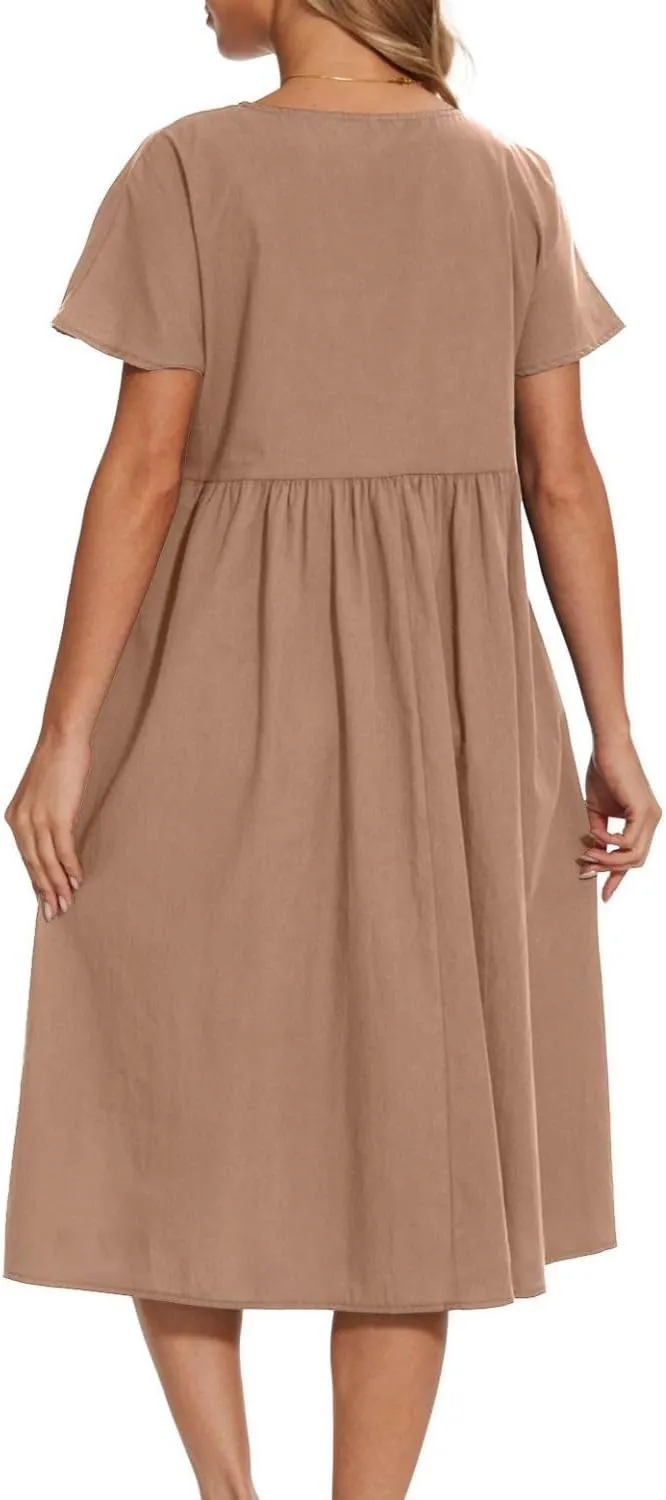 Women Oversized Dress Summer Crew Neck Short Sleeve Midi Dress Loose Casual Tunic Beach Dresses with Pockets