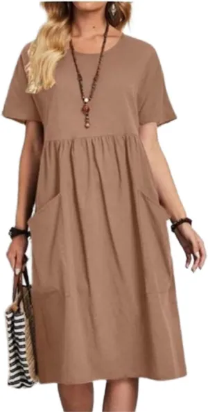 Women Oversized Dress Summer Crew Neck Short Sleeve Midi Dress Loose Casual Tunic Beach Dresses with Pockets