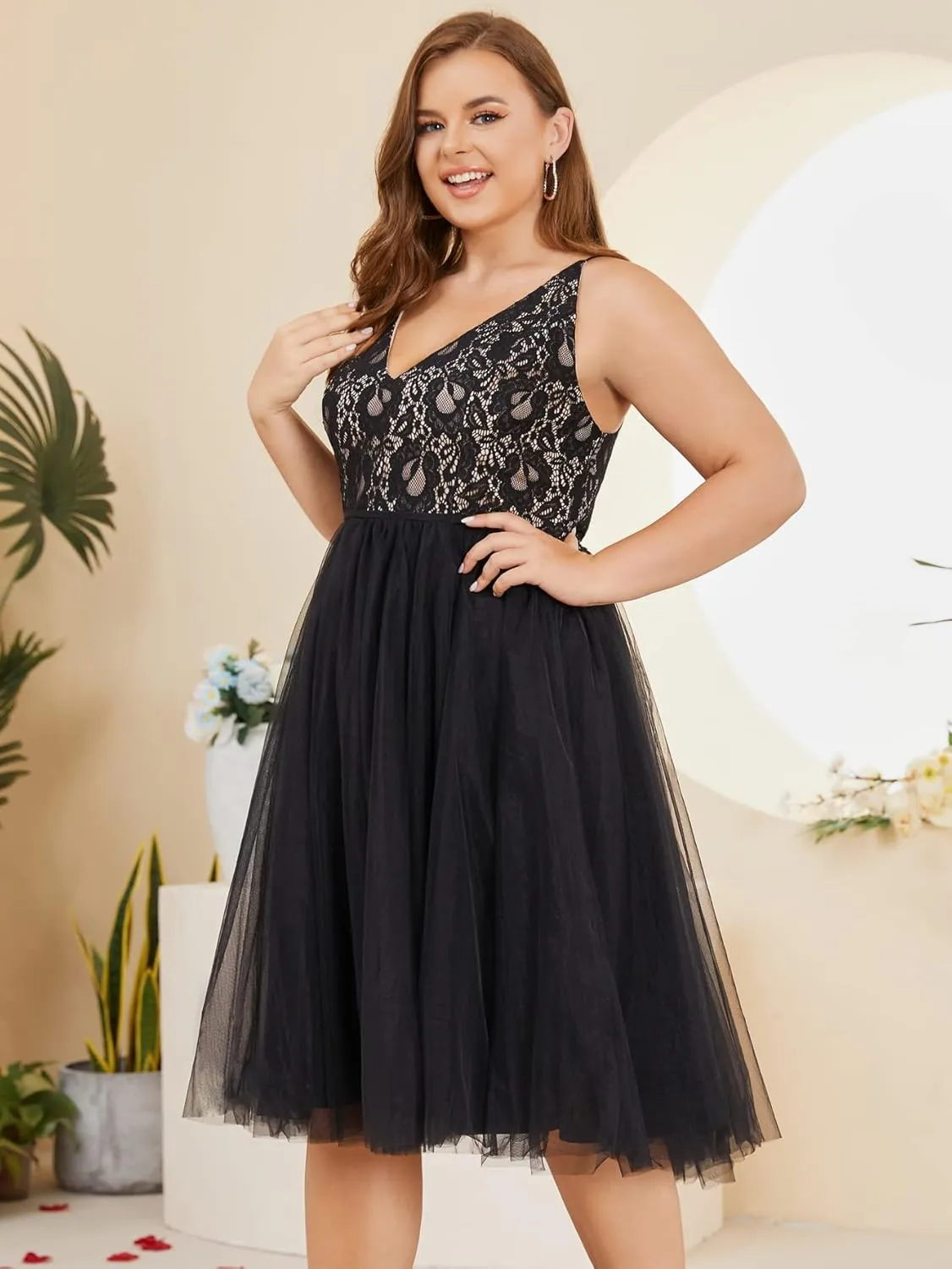 Women Plus Size Floral Lace & Flowy Tulle Tea Length Cocktail Party Dress