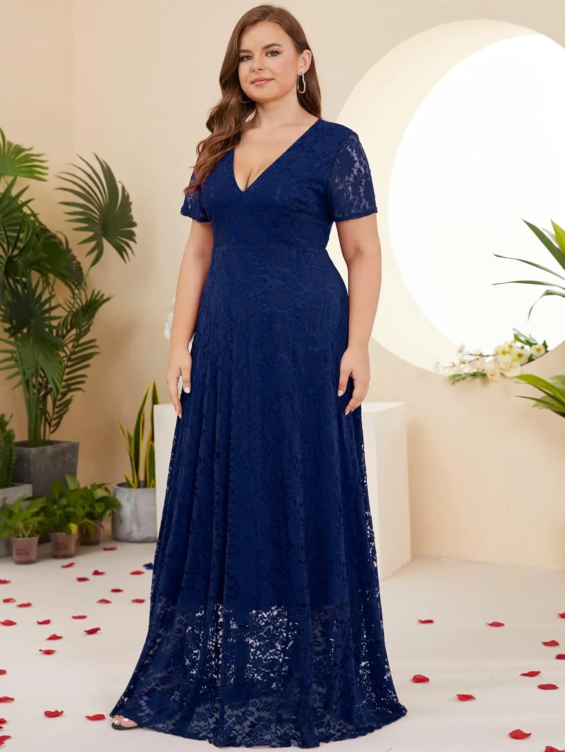 Women Plus Size Floral Lace V-Neck Short Sleeve Long Maxi Dresses