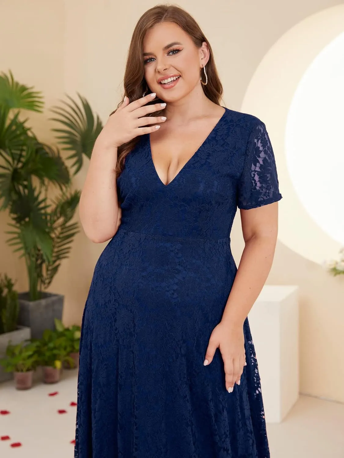 Women Plus Size Floral Lace V-Neck Short Sleeve Long Maxi Dresses
