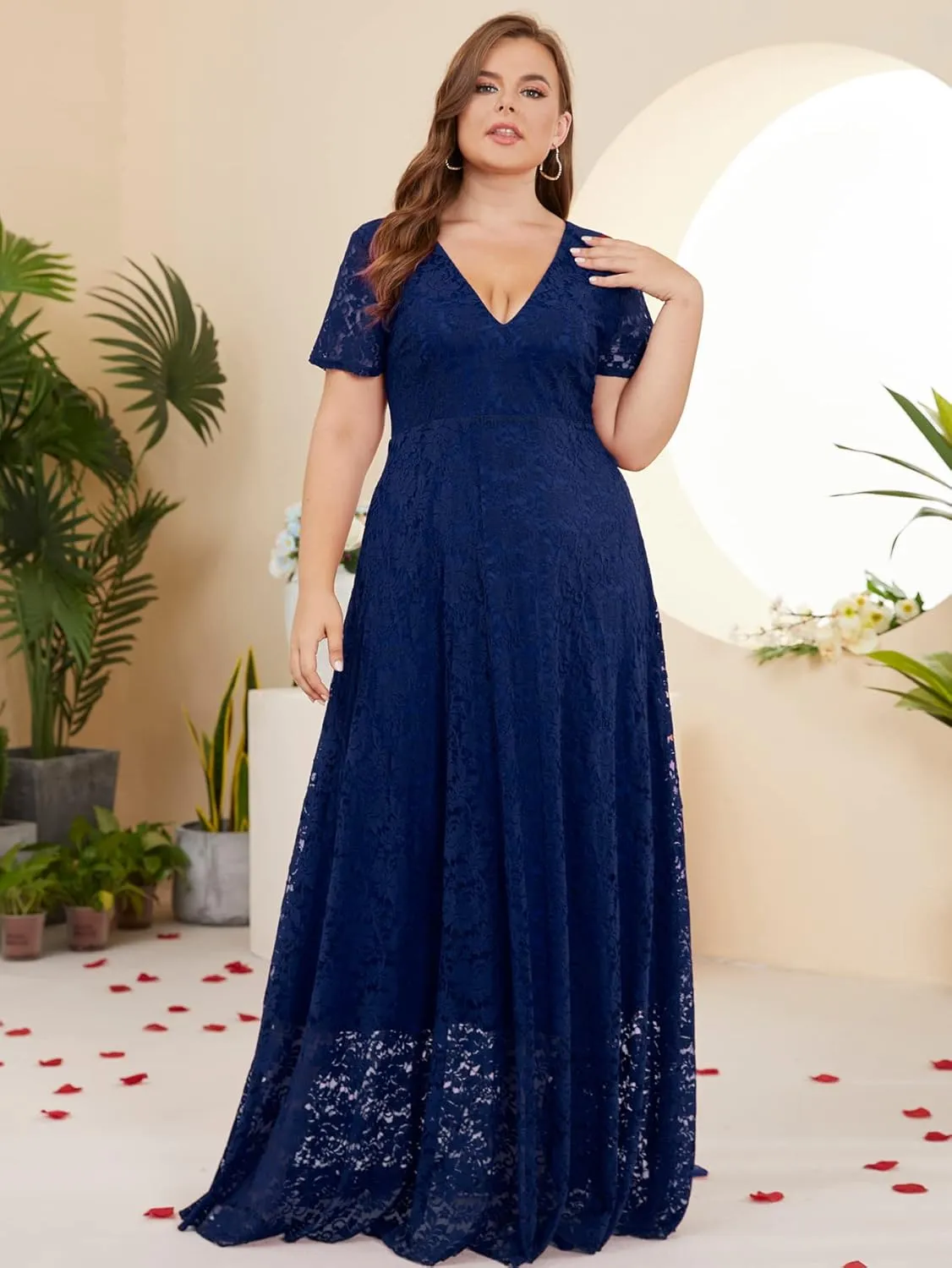 Women Plus Size Floral Lace V-Neck Short Sleeve Long Maxi Dresses