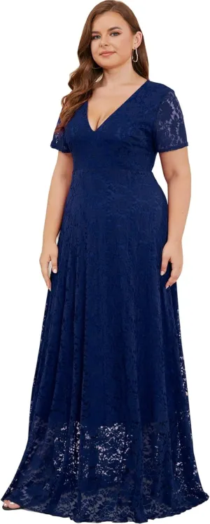 Women Plus Size Floral Lace V-Neck Short Sleeve Long Maxi Dresses