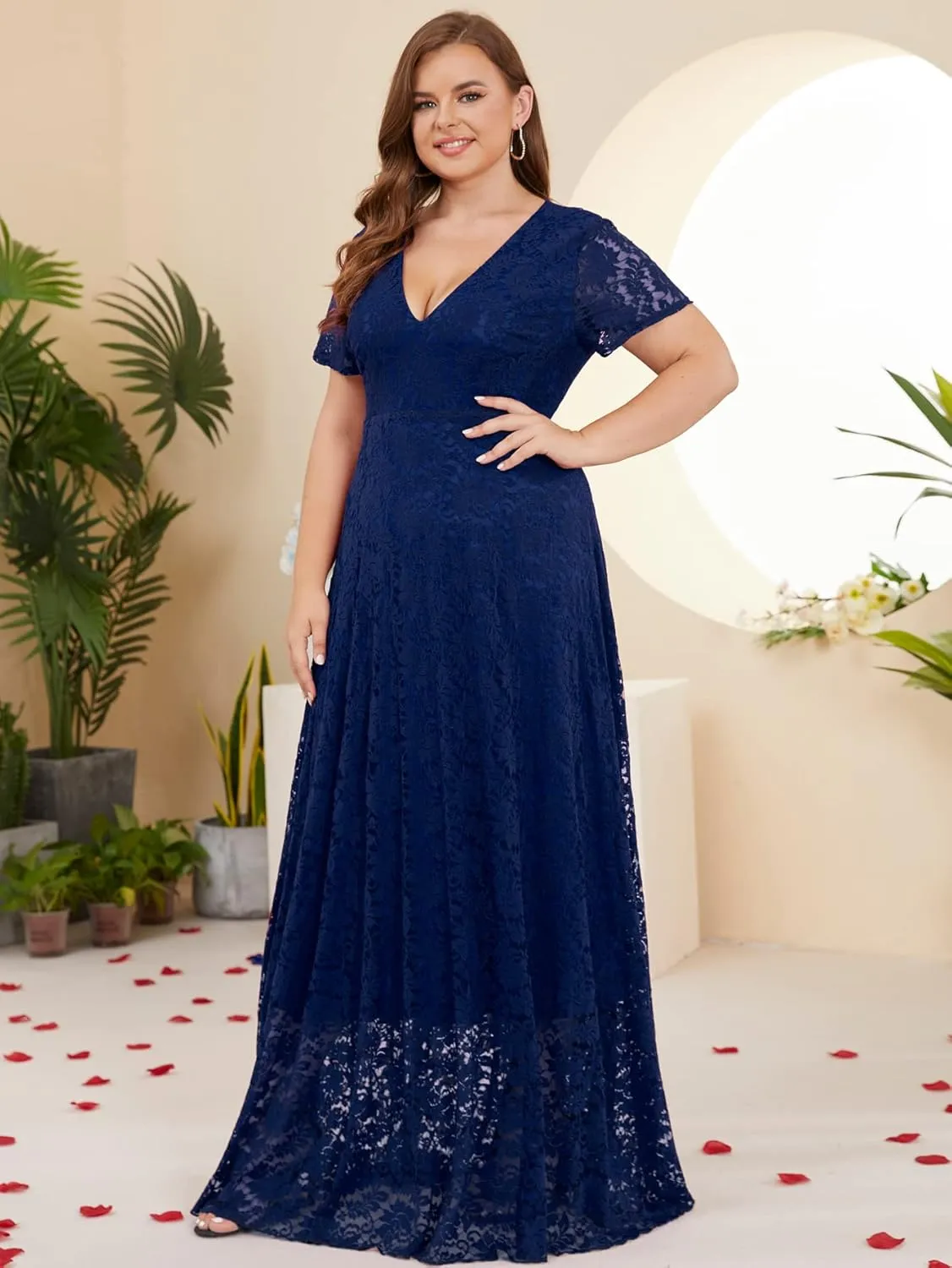 Women Plus Size Floral Lace V-Neck Short Sleeve Long Maxi Dresses
