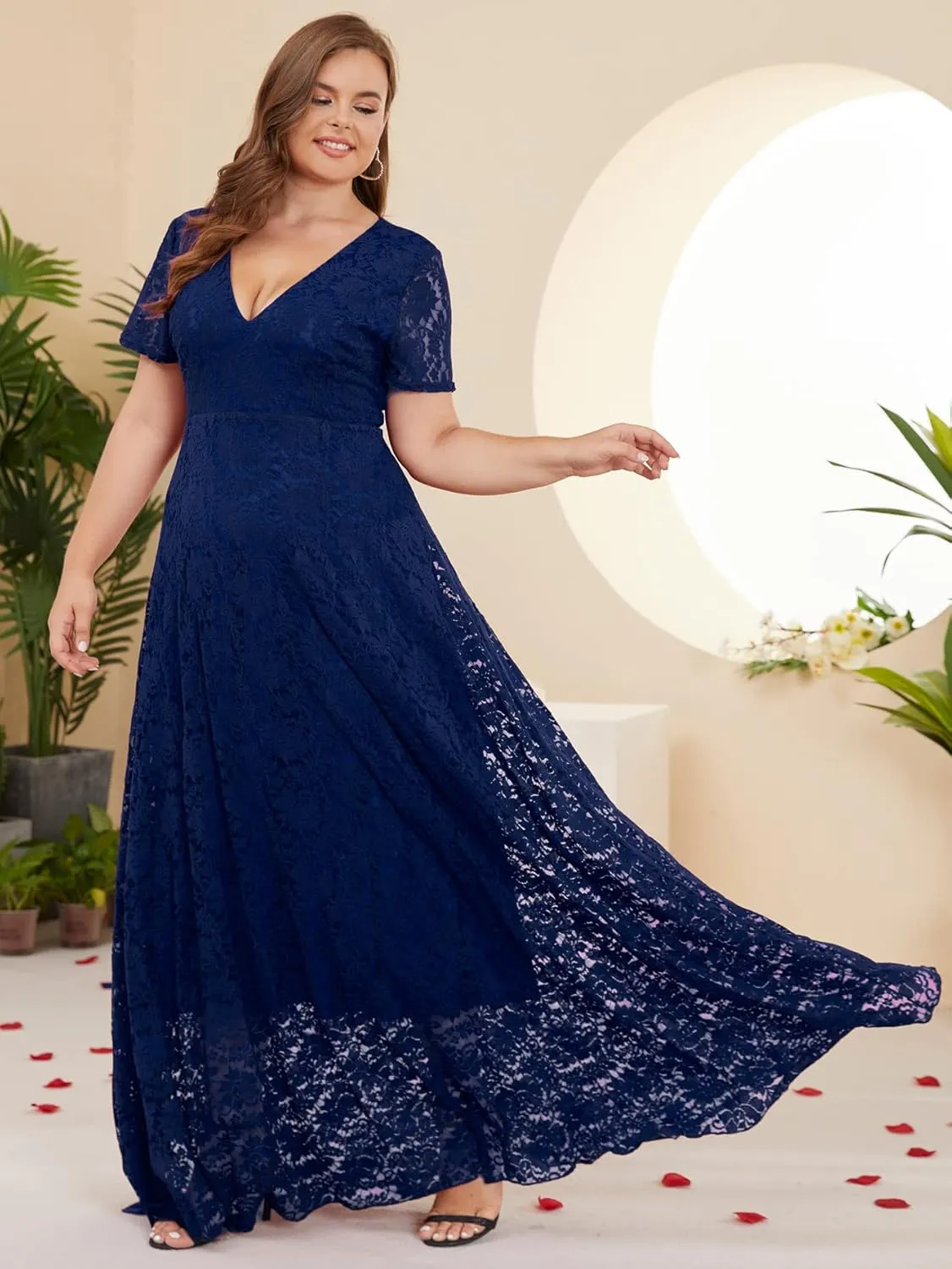 Women Plus Size Floral Lace V-Neck Short Sleeve Long Maxi Dresses