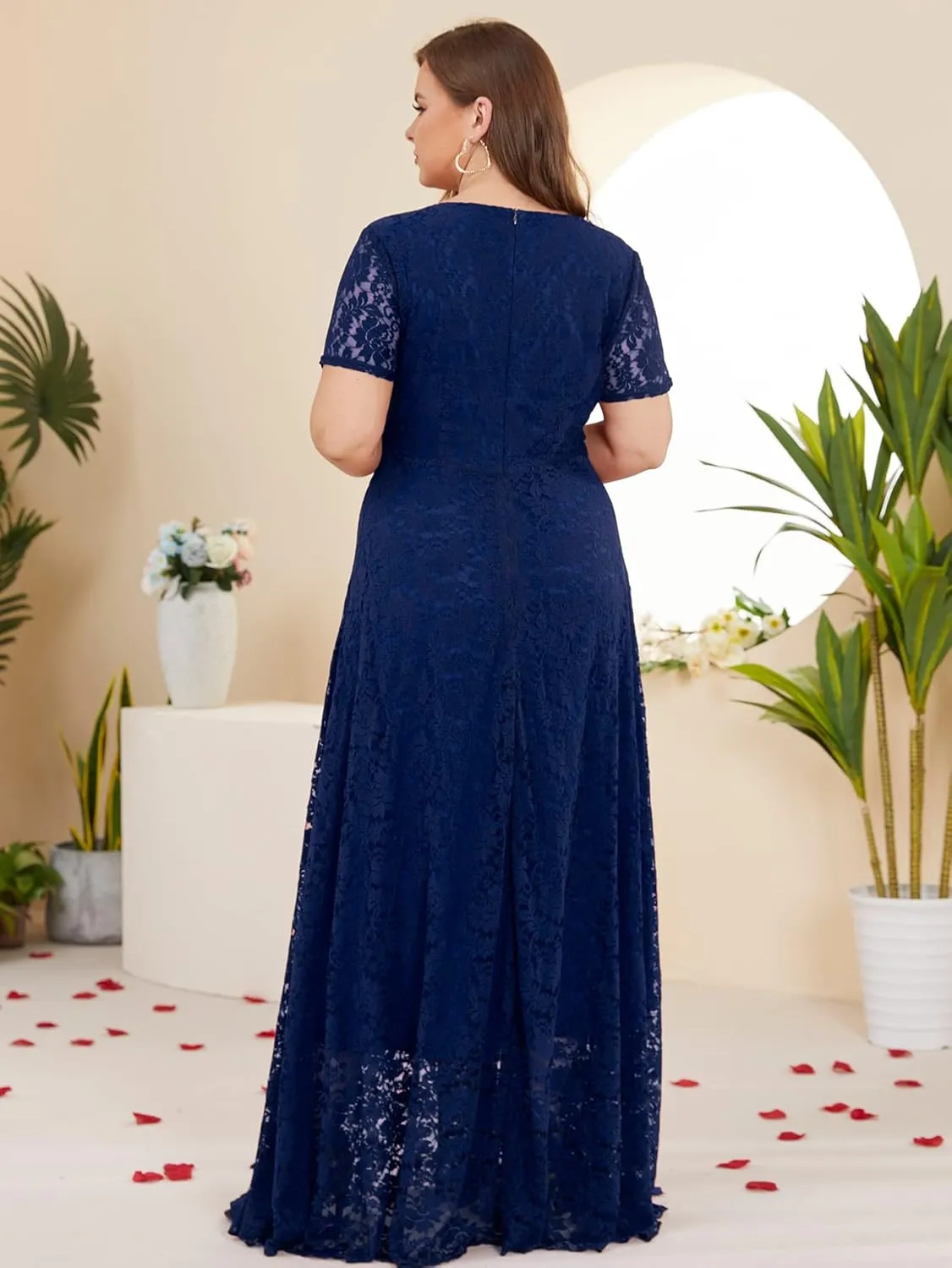Women Plus Size Floral Lace V-Neck Short Sleeve Long Maxi Dresses