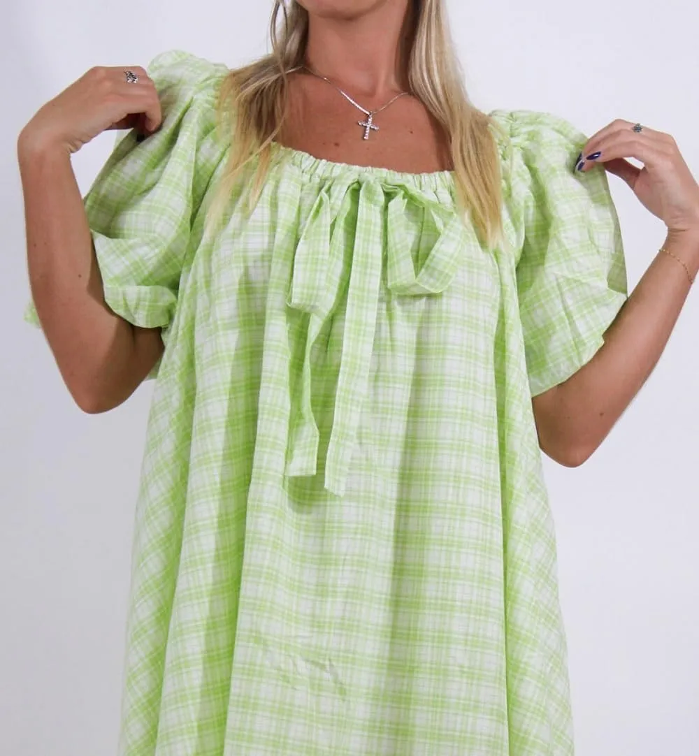Women Puff Sleeve Babydoll Dress Square Neck Flowy Mini Dress Bow Tie Ruffle A Line Short Dress Summer Sundress