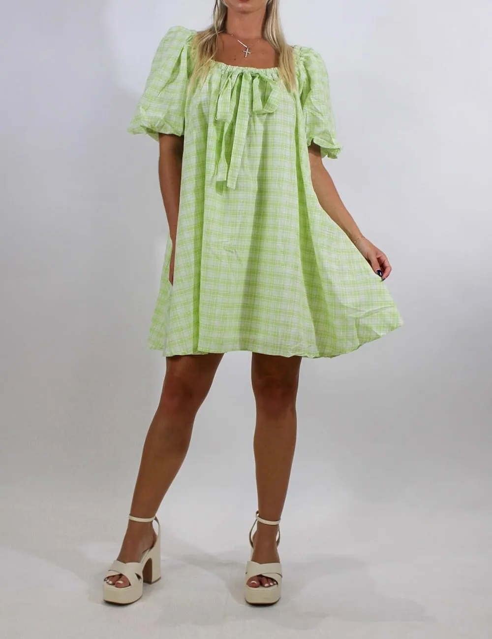 Women Puff Sleeve Babydoll Dress Square Neck Flowy Mini Dress Bow Tie Ruffle A Line Short Dress Summer Sundress