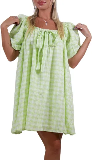 Women Puff Sleeve Babydoll Dress Square Neck Flowy Mini Dress Bow Tie Ruffle A Line Short Dress Summer Sundress