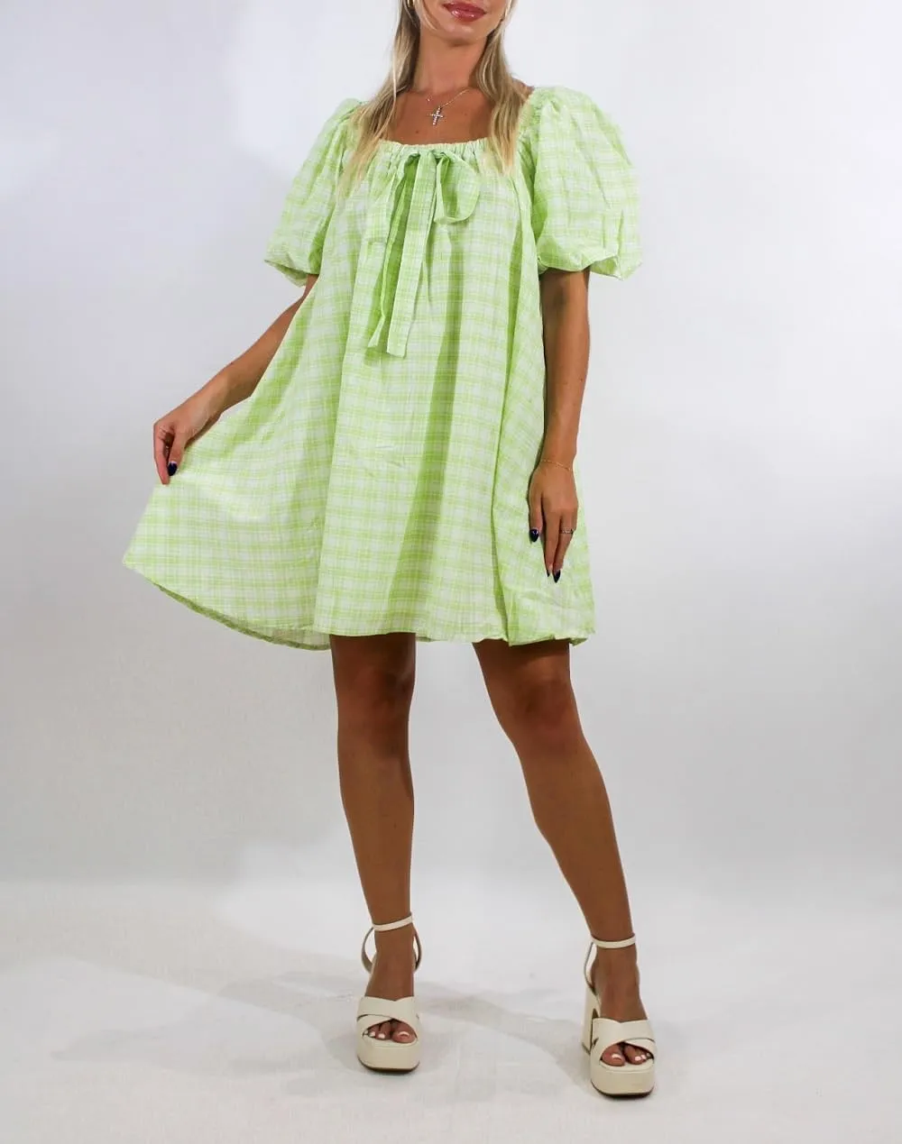 Women Puff Sleeve Babydoll Dress Square Neck Flowy Mini Dress Bow Tie Ruffle A Line Short Dress Summer Sundress