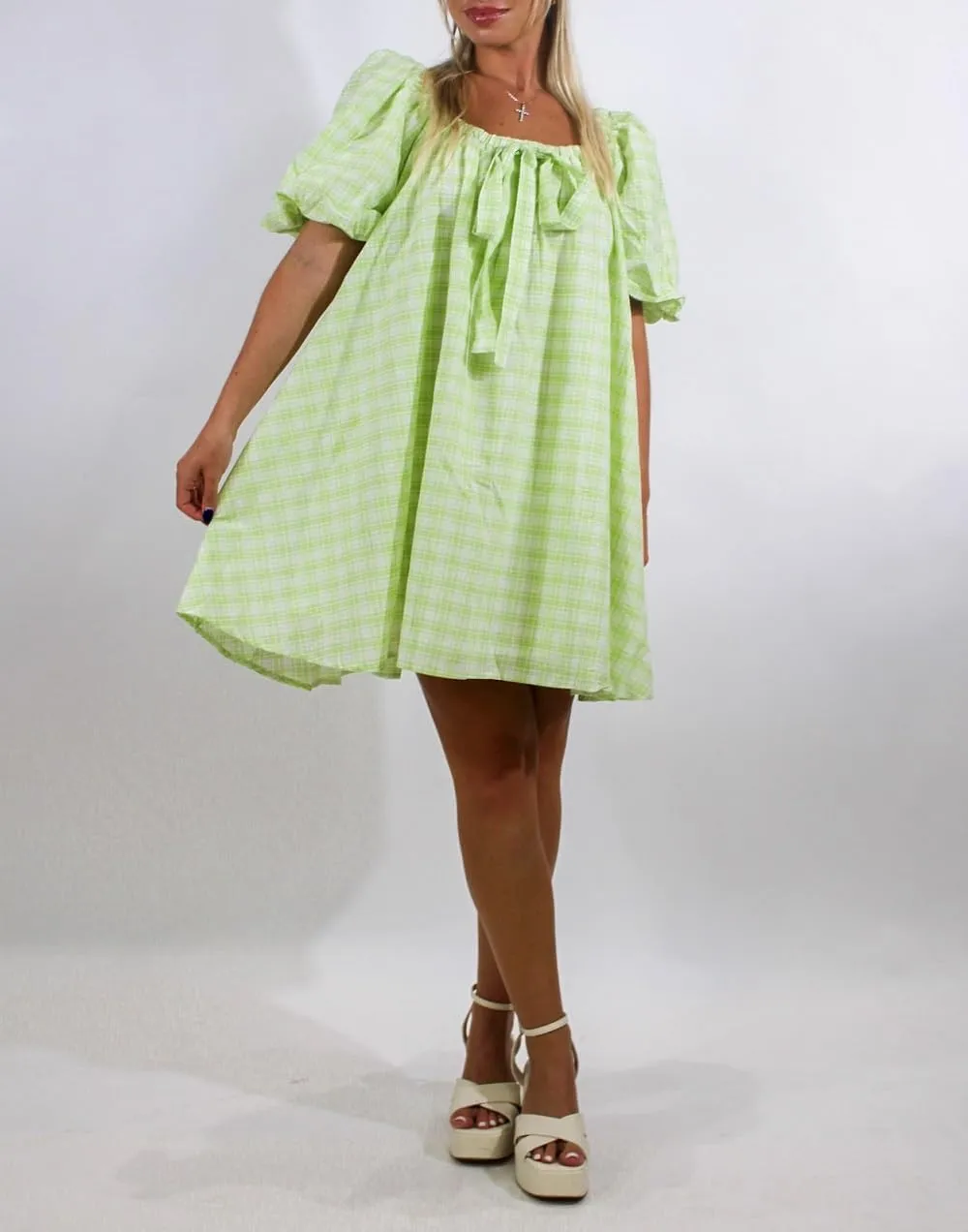 Women Puff Sleeve Babydoll Dress Square Neck Flowy Mini Dress Bow Tie Ruffle A Line Short Dress Summer Sundress