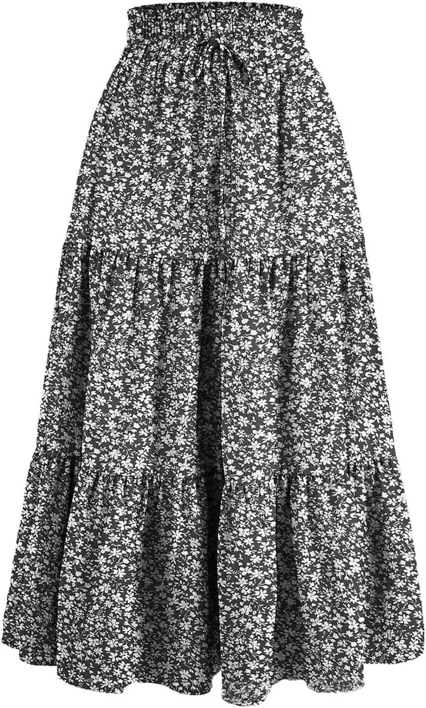 Women Retro Floral Skirt Style High Waist Pleated A-line Skirt Casual Office All-Match Temperament Thin Skirt