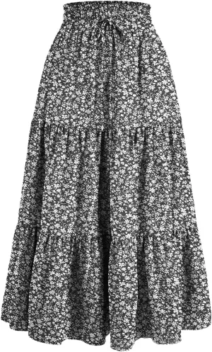 Women Retro Floral Skirt Style High Waist Pleated A-line Skirt Casual Office All-Match Temperament Thin Skirt