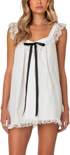 Women Ruffle Trim Babydoll Mini Dress Cute Bow Tie Flowy Sundress Loose Sling Dress Floral Going Out Dresses
