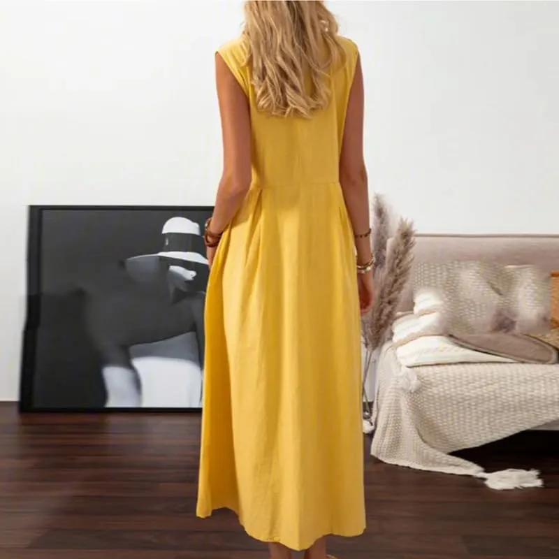 Women Shirt Dress Linen Soft Button Down Sleeveless Lapel V Neck Dress Summer Short Sleeve Midi Dress