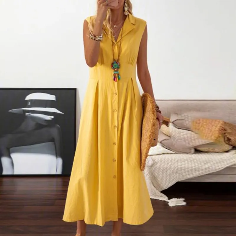 Women Shirt Dress Linen Soft Button Down Sleeveless Lapel V Neck Dress Summer Short Sleeve Midi Dress