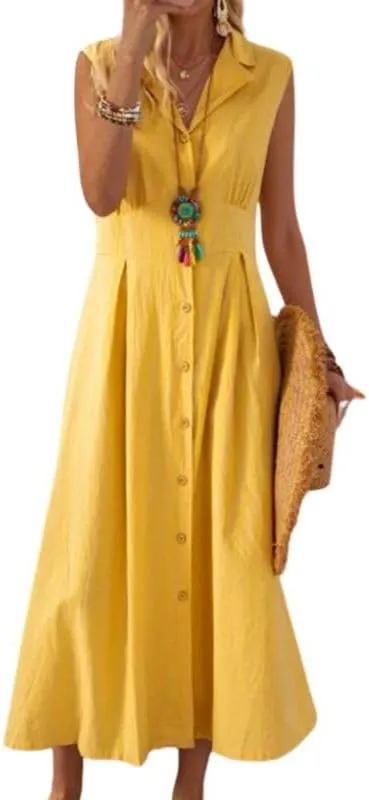 Women Shirt Dress Linen Soft Button Down Sleeveless Lapel V Neck Dress Summer Short Sleeve Midi Dress