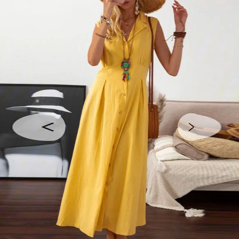 Women Shirt Dress Linen Soft Button Down Sleeveless Lapel V Neck Dress Summer Short Sleeve Midi Dress