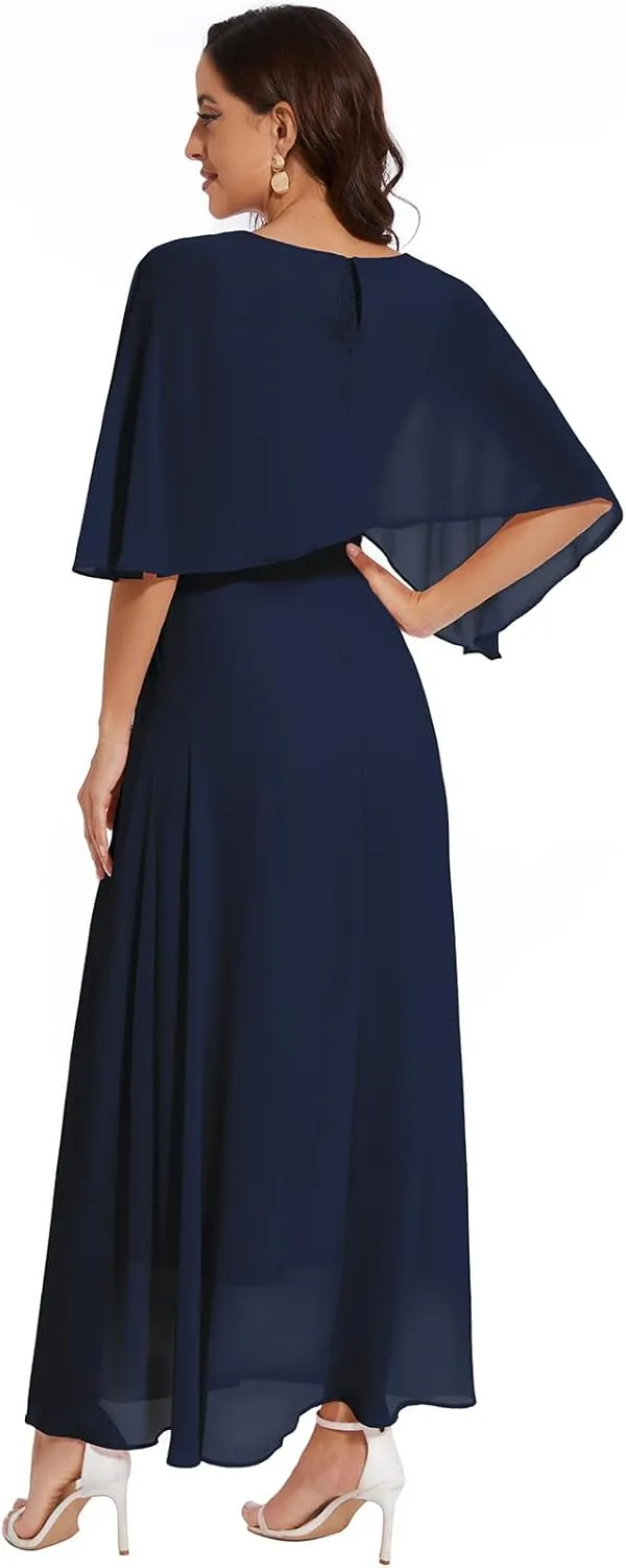 Women Sleeveless Cape Dress with Chiffon Overlay Lace Wedding Guest Cocktail Party Gowns Dress