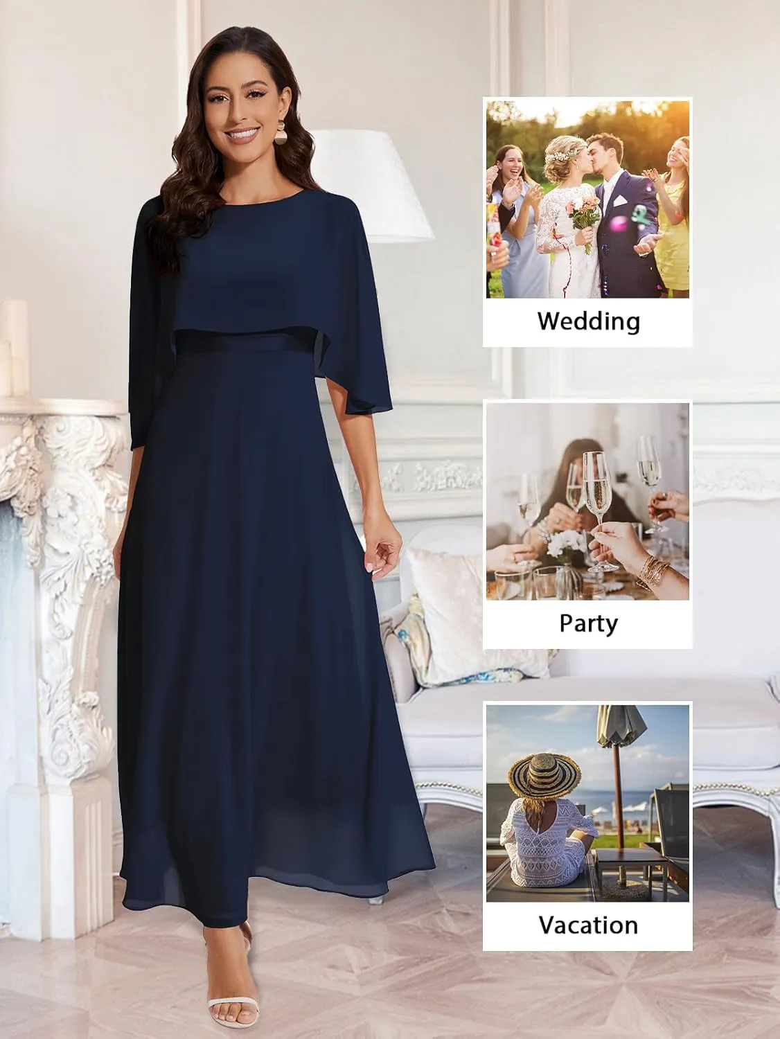 Women Sleeveless Cape Dress with Chiffon Overlay Lace Wedding Guest Cocktail Party Gowns Dress