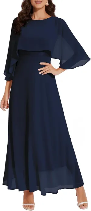 Women Sleeveless Cape Dress with Chiffon Overlay Lace Wedding Guest Cocktail Party Gowns Dress