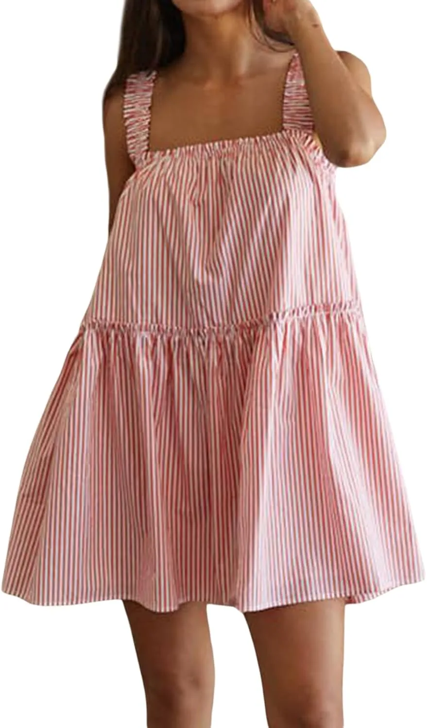 Women Striped Mini Cami Dress Spaghetti Strap Boho Short Dress Tie Shoulder Flowy Sundress Summer Beach Dress