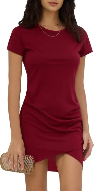 Women Summer T Shirt Casual Dress Crew Neck Wrap Ruched Bodycon Short Sleeve Party Club Mini Dresses
