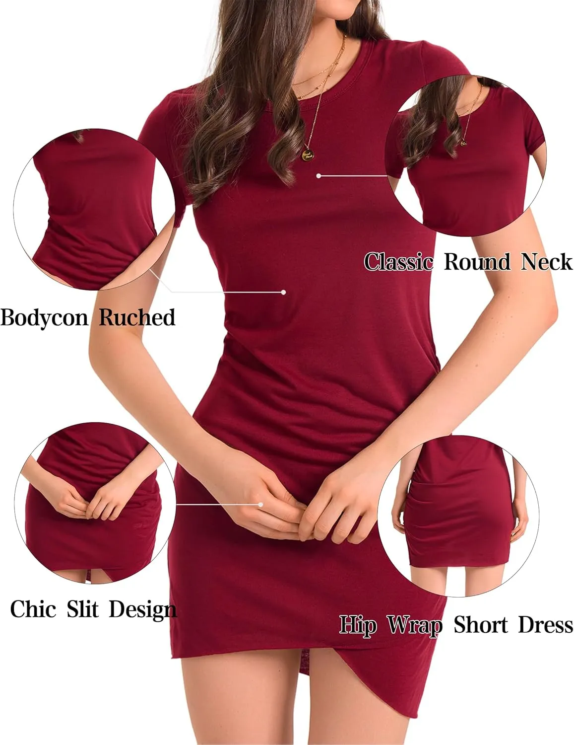 Women Summer T Shirt Casual Dress Crew Neck Wrap Ruched Bodycon Short Sleeve Party Club Mini Dresses