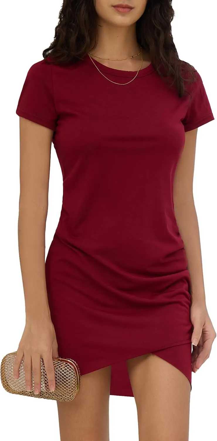 Women Summer T Shirt Casual Dress Crew Neck Wrap Ruched Bodycon Short Sleeve Party Club Mini Dresses