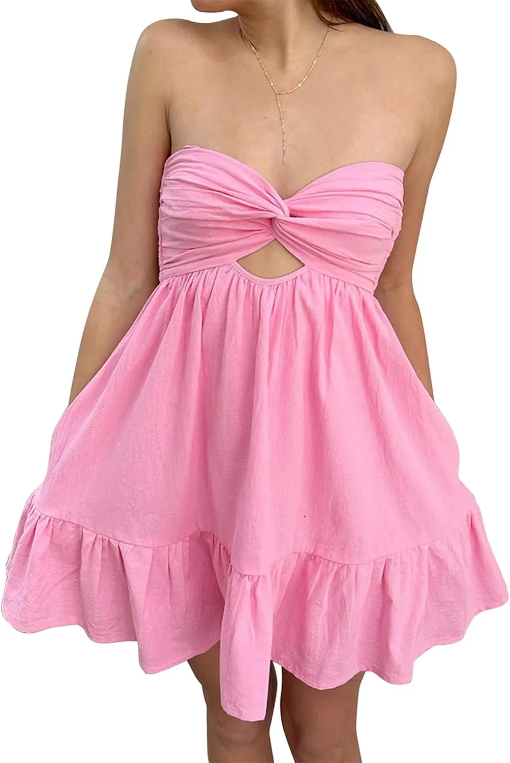 Women Twist Knot Tube Dress Solid Strapless Mini Babydoll Dress Backless Flowy Ruffled A Line Bandeau Dress