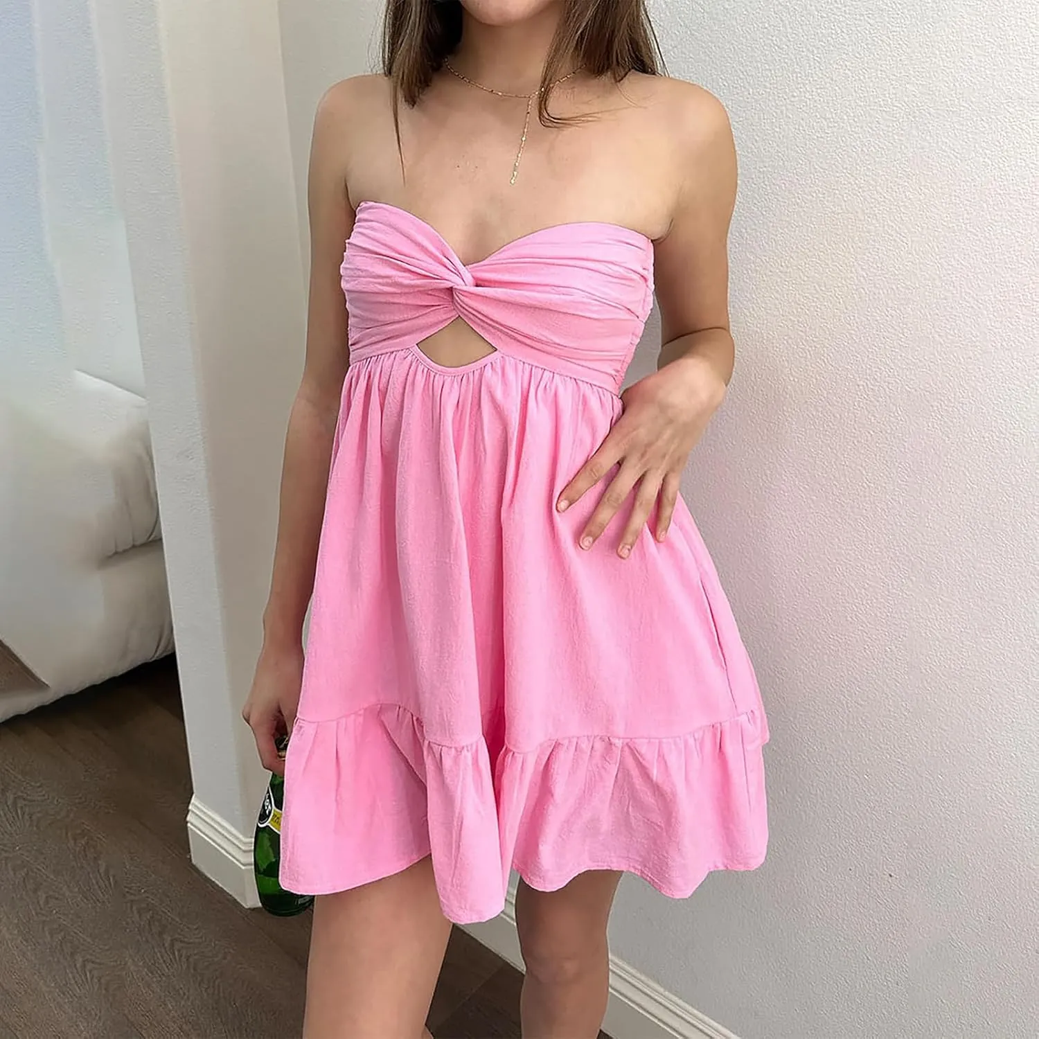Women Twist Knot Tube Dress Solid Strapless Mini Babydoll Dress Backless Flowy Ruffled A Line Bandeau Dress
