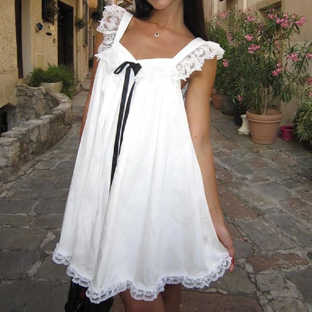 Women Y2K Bow Babydoll Mini Dress Spaghetti Strap Ruffle Sundress Flowy Sling Dress Graphic Going Out Dresses