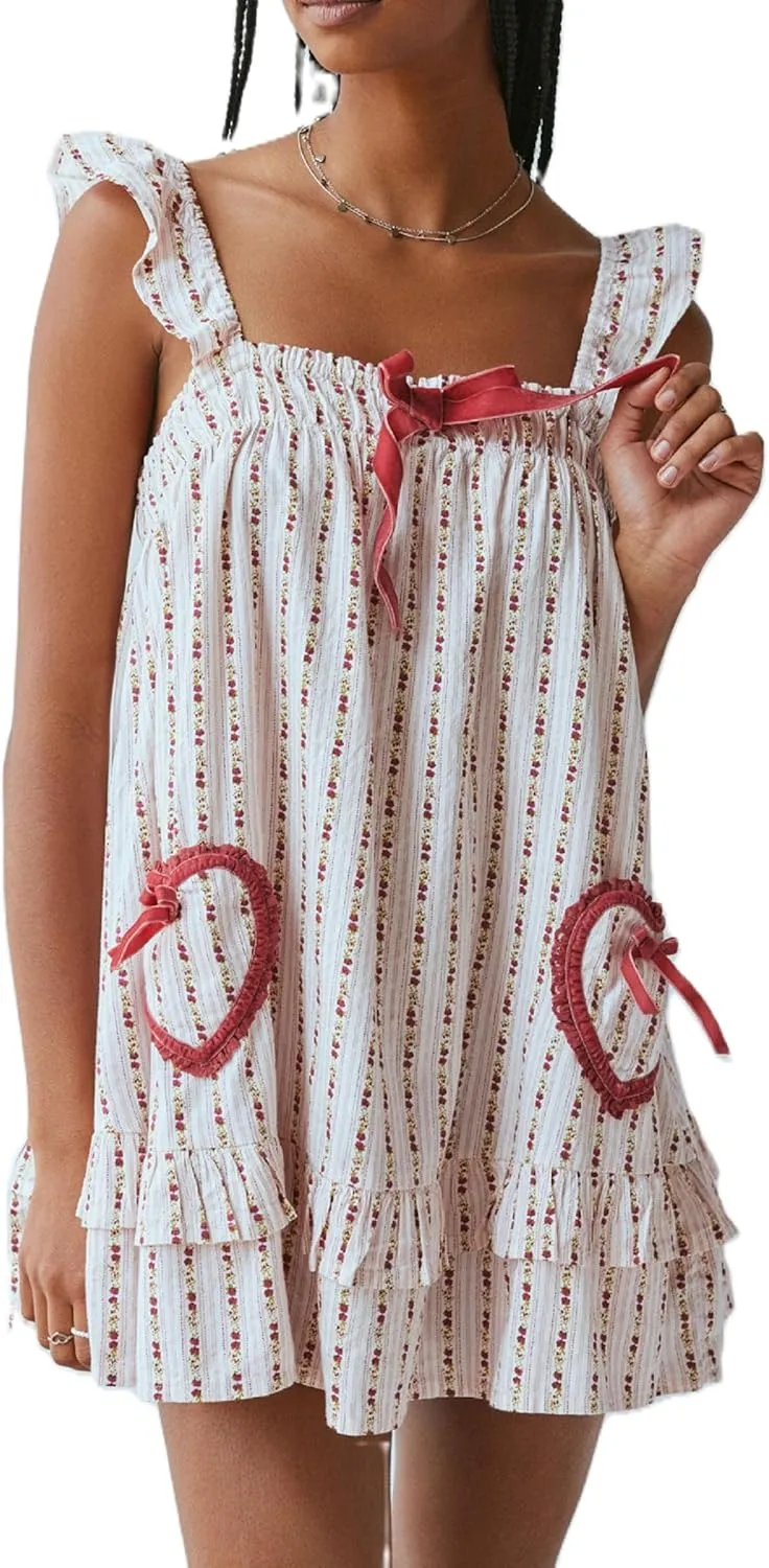 Women Y2K Bow Babydoll Mini Dress Spaghetti Strap Ruffle Sundress Flowy Sling Dress Graphic Going Out Dresses