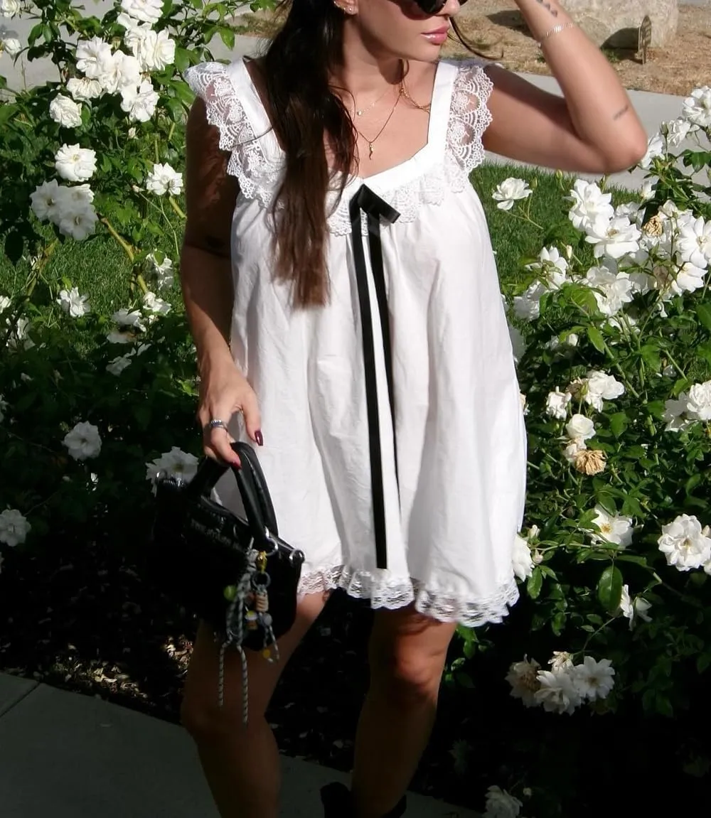 Women Y2K Bow Babydoll Mini Dress Spaghetti Strap Ruffle Sundress Flowy Sling Dress Graphic Going Out Dresses