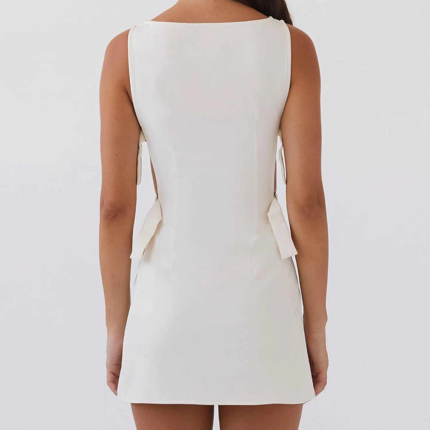 Women Y2K Buckle Mini Dress Summer Sleeveless Hollow-Out Tie Side Boat Neck Short Tank Dress Night Party Clubwear