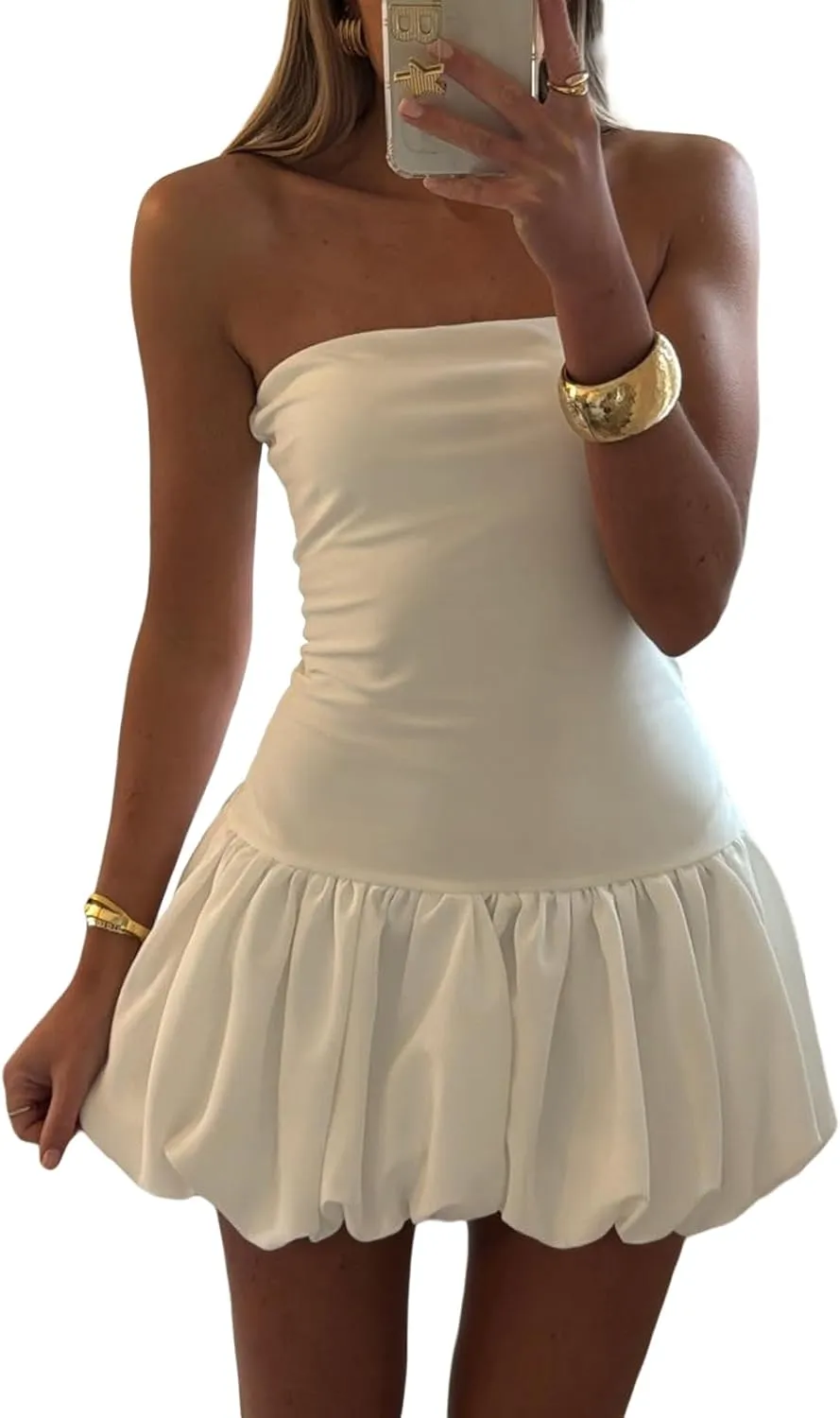 Women Y2K Puff Bubble Tube Top Dress Sexy Strapless Summer Mini Dress Wedding Club Party A Line Dress Streetwear