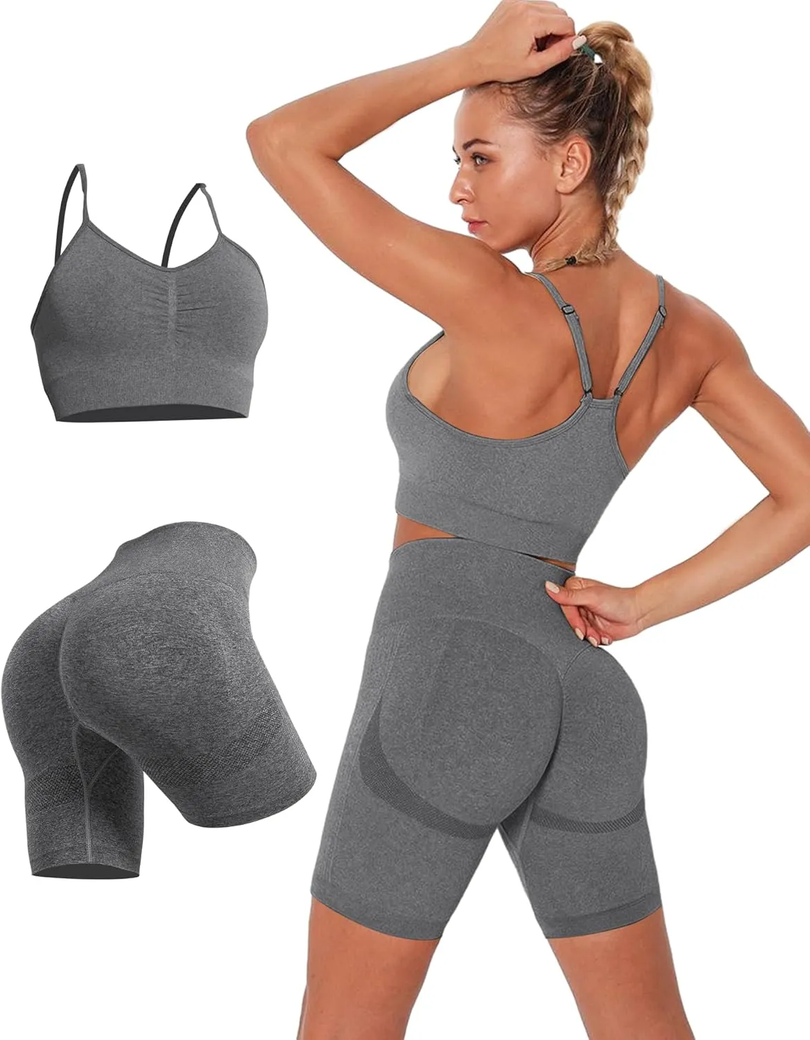 Womens 2 Piece Seamless Workout Sets Butt Lifting Shorts with Padded Stretchy Sports Bra Jogging Yoga Gym Outfits