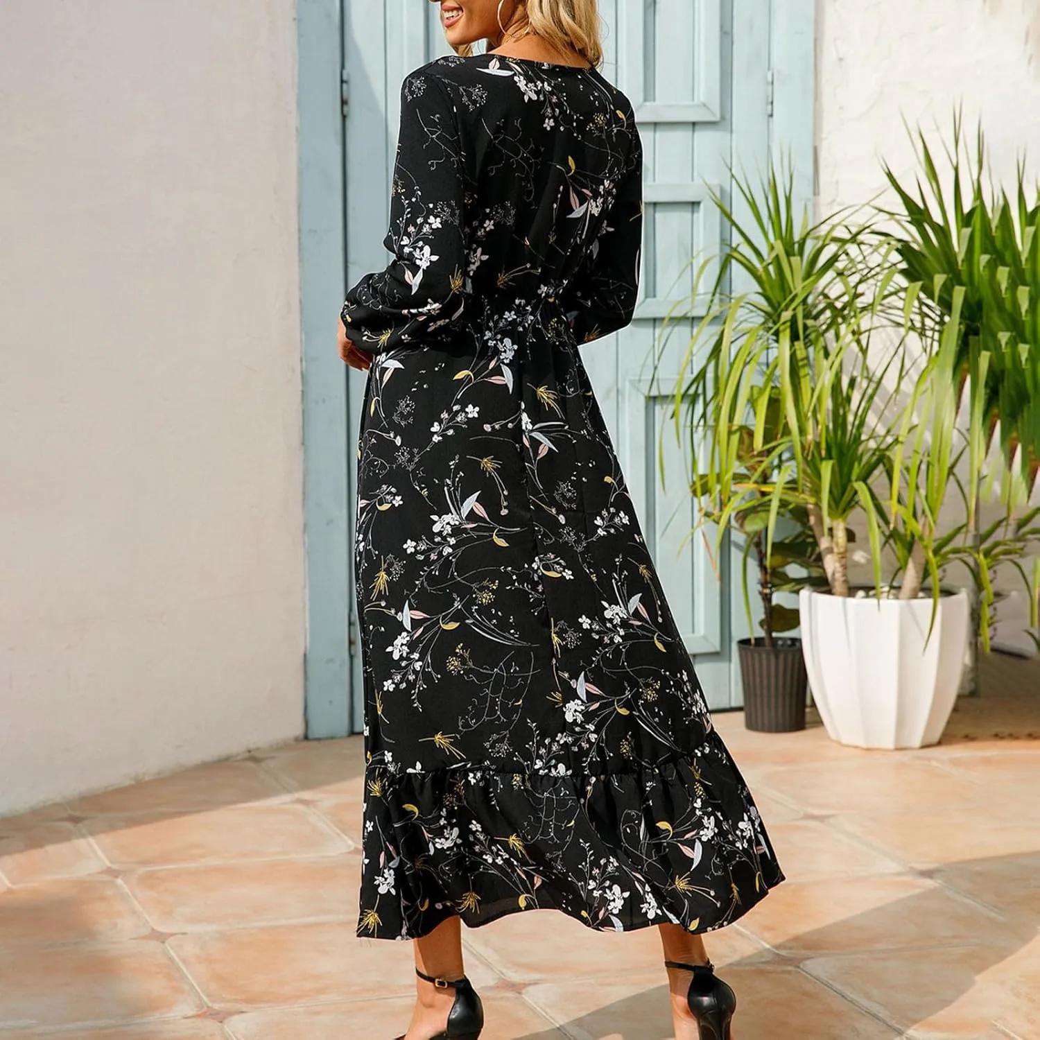 Womens 2024 Fall Dress Round Neck Long Puff Sleeve Floral Maxi Dress Fashion Smocked Ruffle Tiered Party Dress Flowy