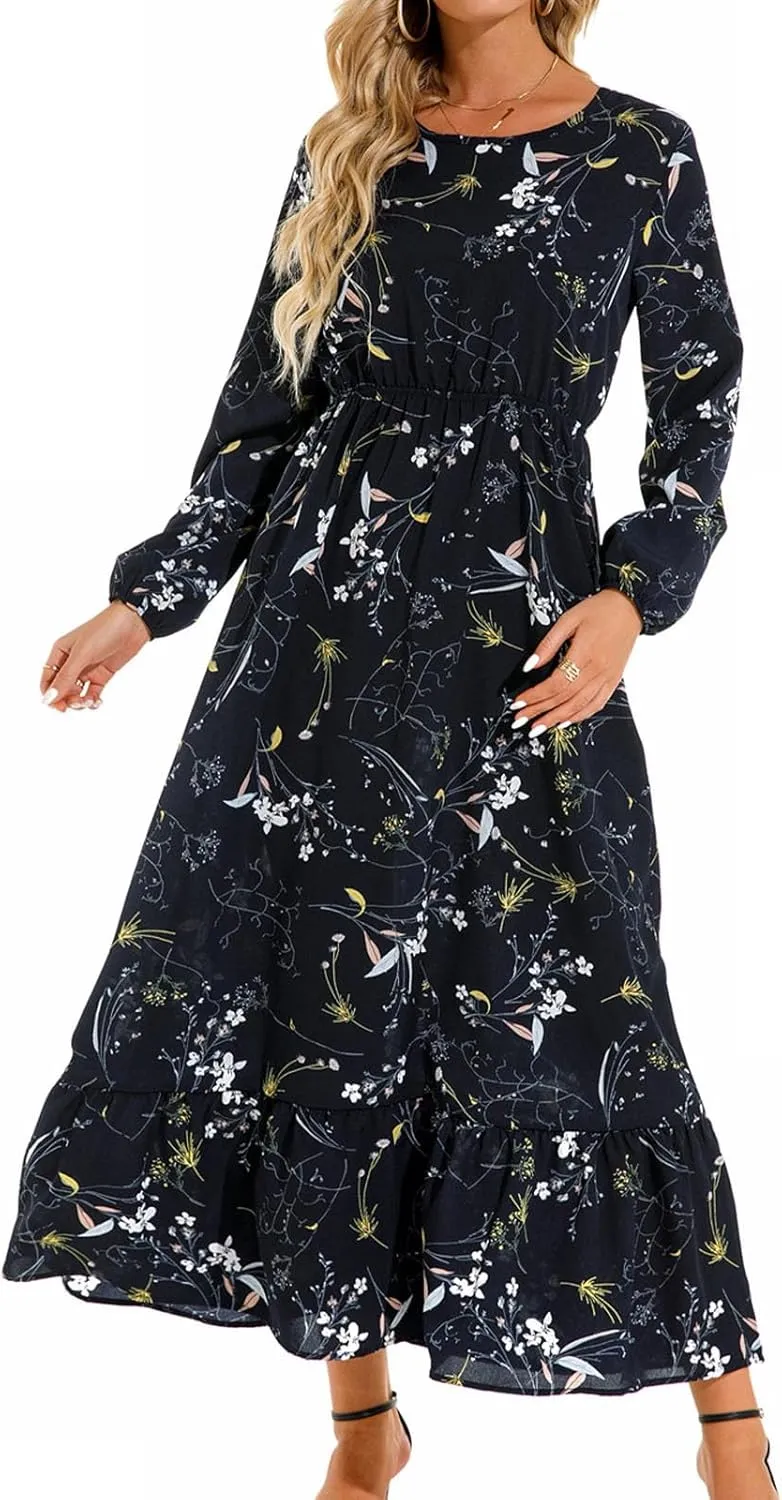 Womens 2024 Fall Dress Round Neck Long Puff Sleeve Floral Maxi Dress Fashion Smocked Ruffle Tiered Party Dress Flowy