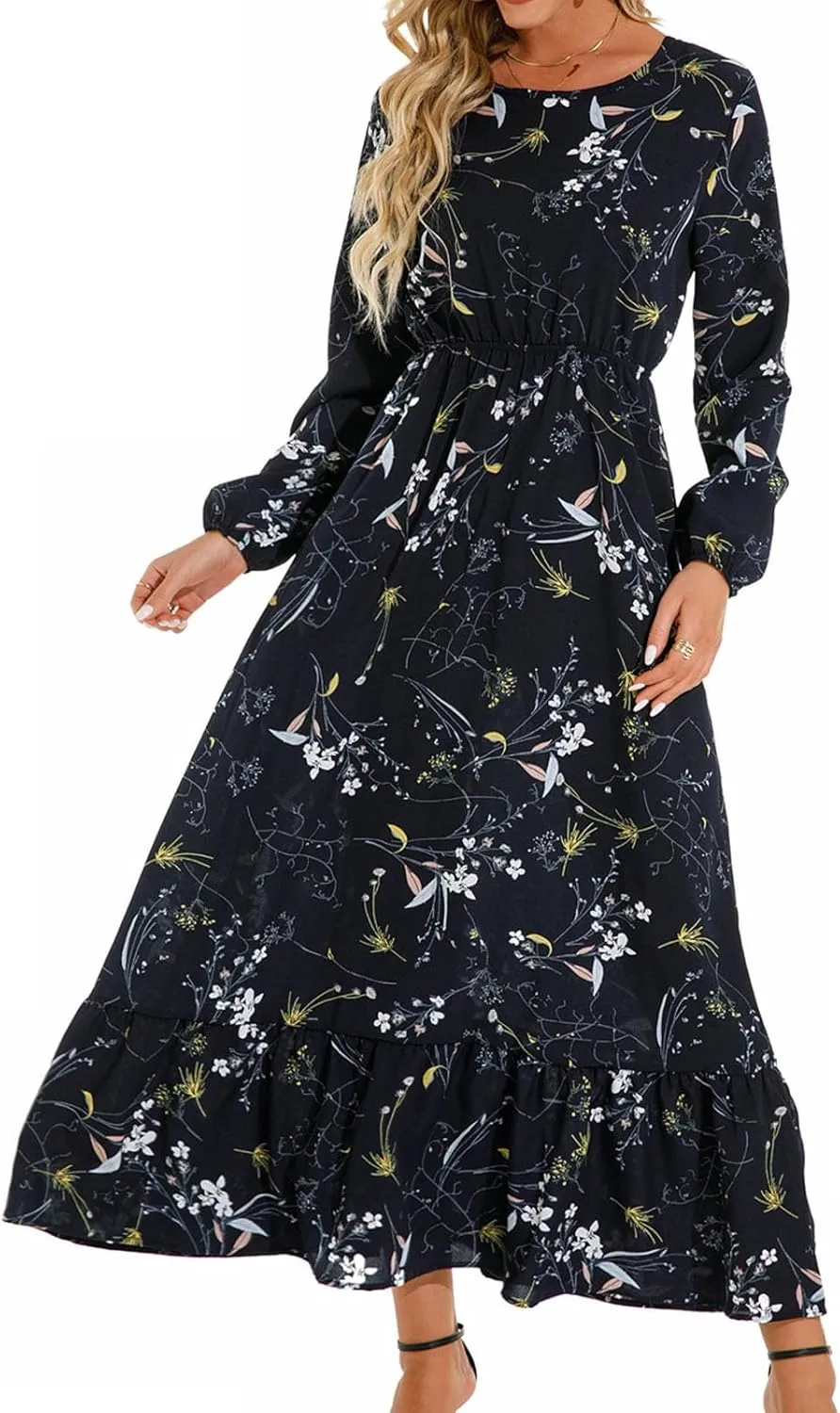 Womens 2024 Fall Dress Round Neck Long Puff Sleeve Floral Maxi Dress Fashion Smocked Ruffle Tiered Party Dress Flowy