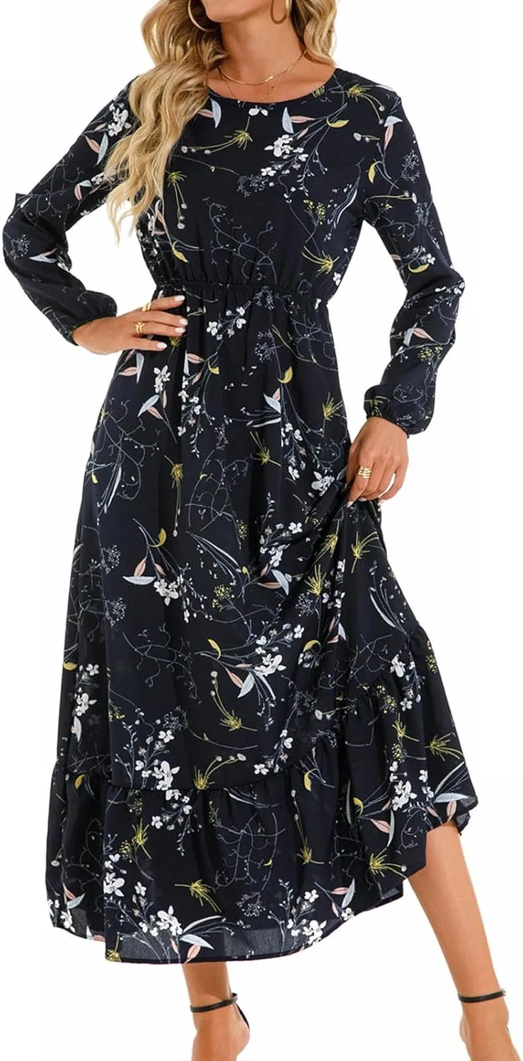 Womens 2024 Fall Dress Round Neck Long Puff Sleeve Floral Maxi Dress Fashion Smocked Ruffle Tiered Party Dress Flowy