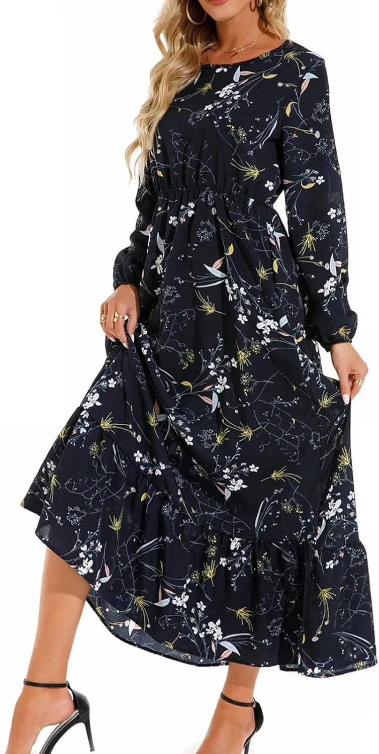 Womens 2024 Fall Dress Round Neck Long Puff Sleeve Floral Maxi Dress Fashion Smocked Ruffle Tiered Party Dress Flowy