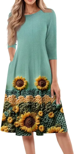 Women's 3/4 Sleeve Maxi Dresses Casual Work Swing Dress with Pockets Trendy Floral Print Shift Dress