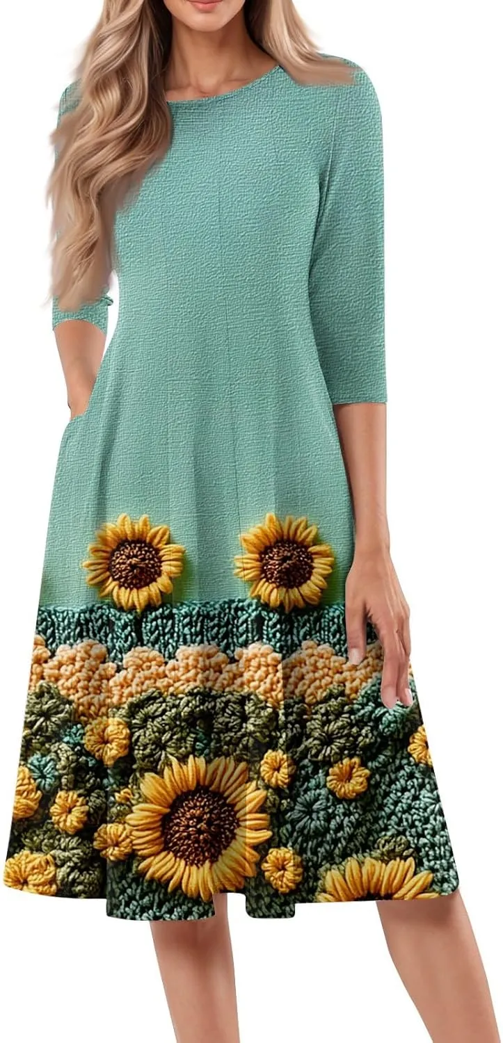 Women's 3/4 Sleeve Maxi Dresses Casual Work Swing Dress with Pockets Trendy Floral Print Shift Dress