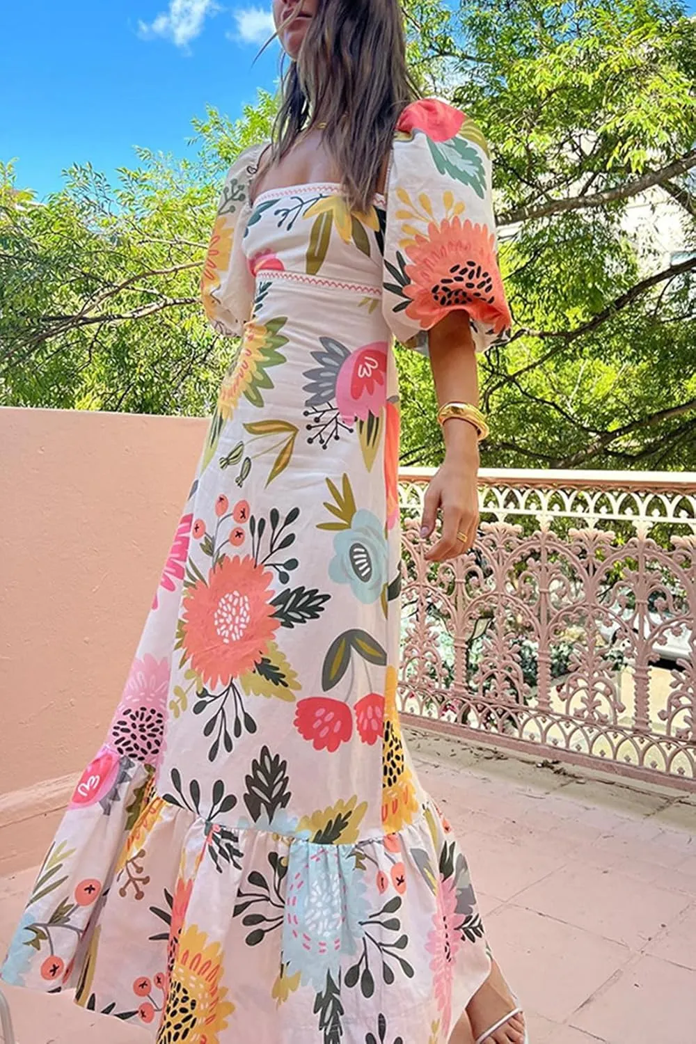 Women's Boho Floral Maxi Dress Short Sleeve Square Neck Ruffle A Line Long Sun Dresses