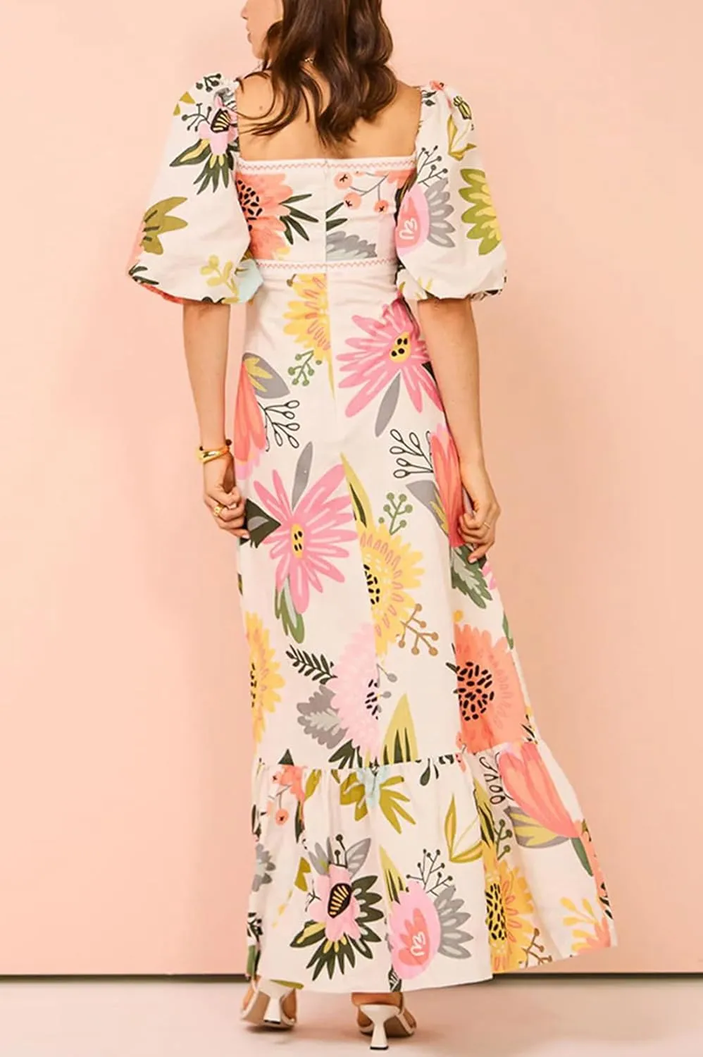 Women's Boho Floral Maxi Dress Short Sleeve Square Neck Ruffle A Line Long Sun Dresses