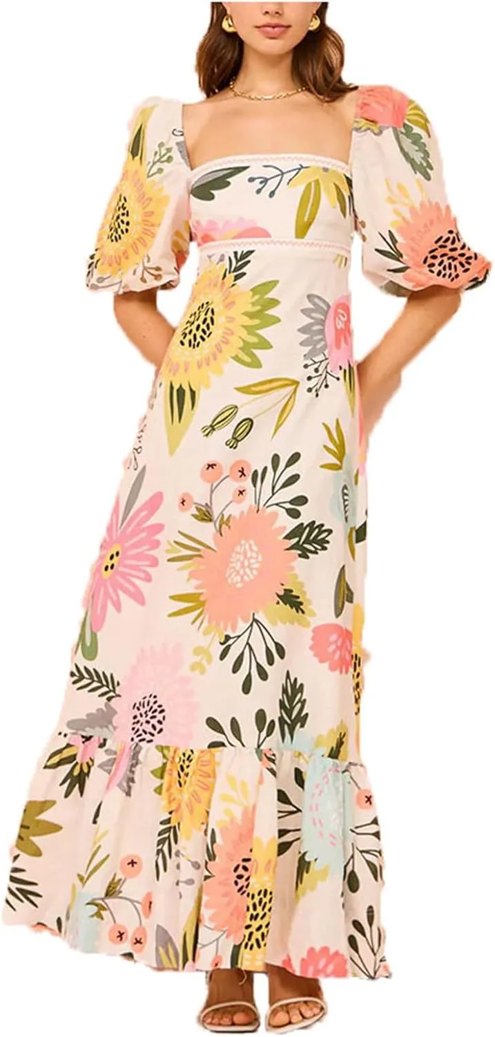 Women's Boho Floral Maxi Dress Short Sleeve Square Neck Ruffle A Line Long Sun Dresses