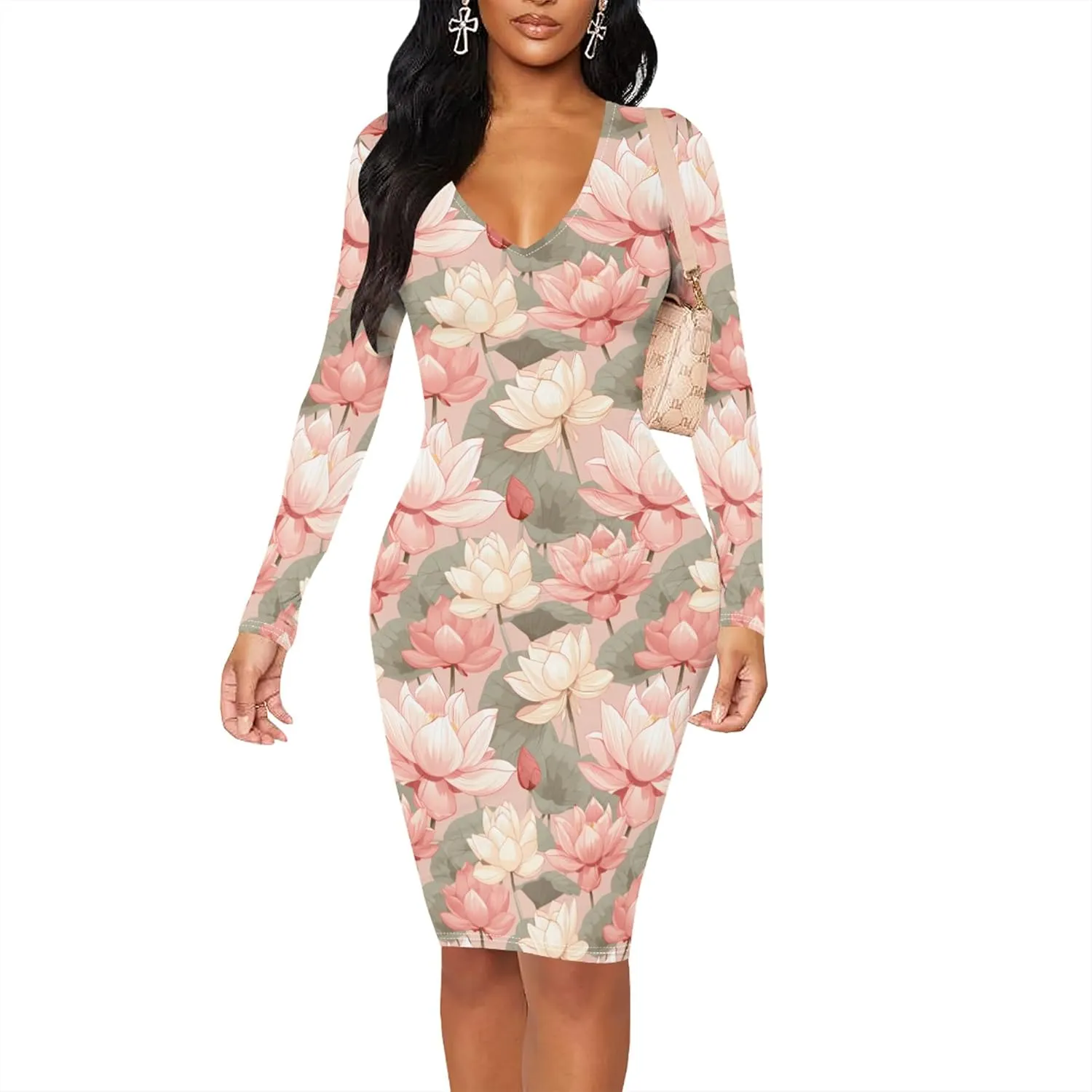 Women's Casual Dress Sexy Long Sleeve Deep V Neck Bodycon Midi Dress Cocktail Party Pencil Dresses