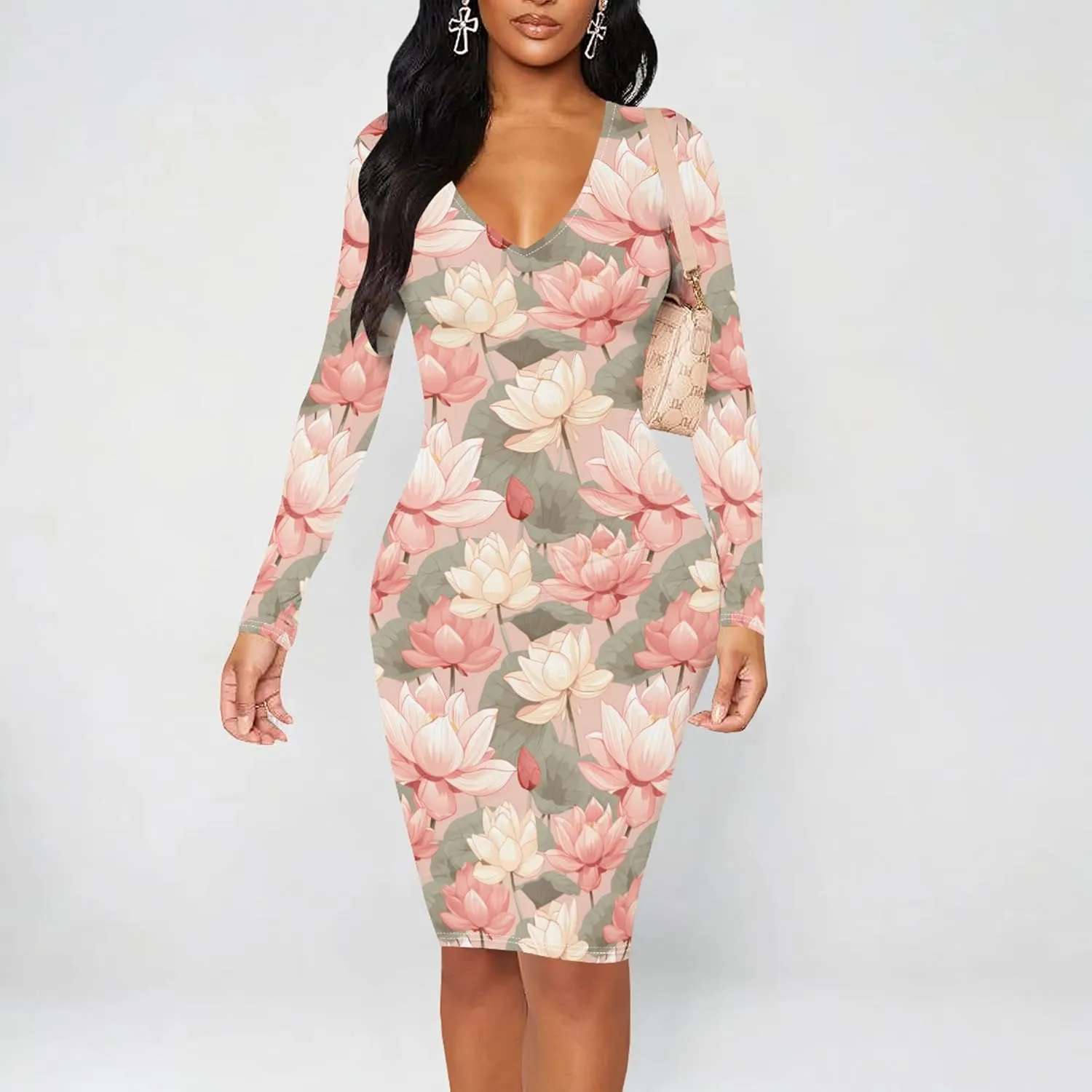 Women's Casual Dress Sexy Long Sleeve Deep V Neck Bodycon Midi Dress Cocktail Party Pencil Dresses