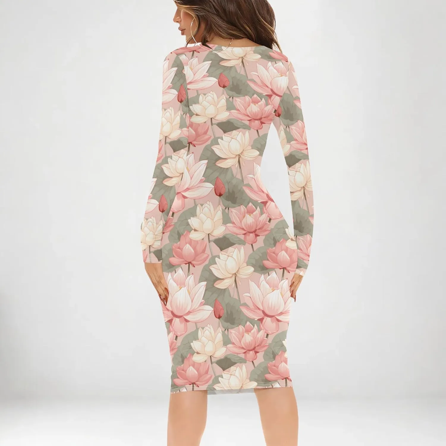Women's Casual Dress Sexy Long Sleeve Deep V Neck Bodycon Midi Dress Cocktail Party Pencil Dresses